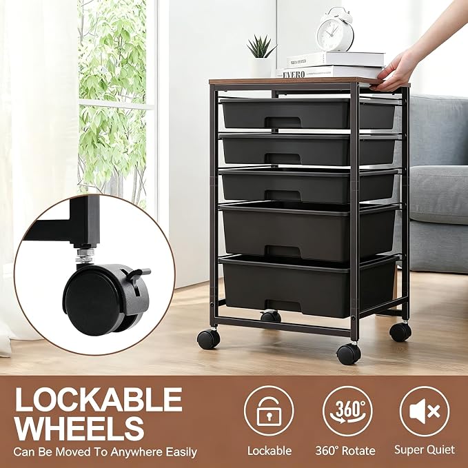 SYKIARIOL 5-Tier Rolling Cart with Drawers with Wooden Top, Black | Mobile Craft Storage Drawer Cart Trolley for Home Office, Classroom, Craft Room & Kid Room - Image 9
