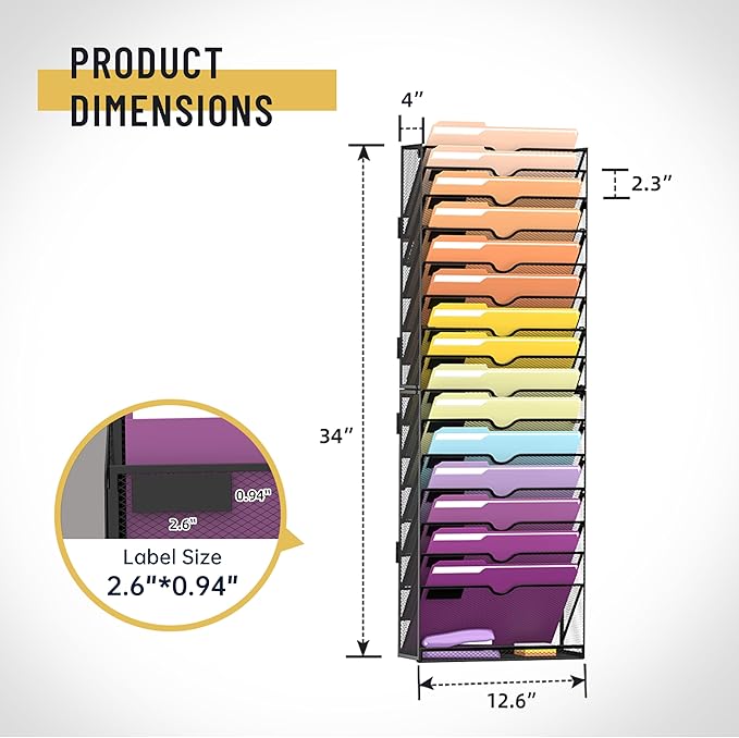 16-Tier Hanging Wall File Holder Organizer for Papers, Folders, Files Clipboard & Magazine Organization Great for Office Home, Assembly Needed, Black | Paper, Folder, Magazine Rack Great for Office Home School, Assembly Needed, Black - Image 3