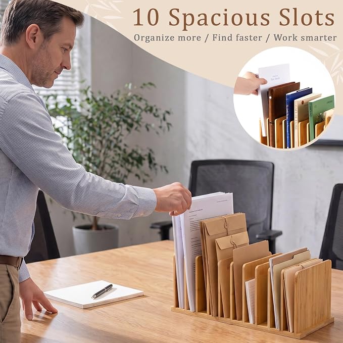 Suzile Bamboo File Mail Organizer for Desk, 10 Slot Vertical File Sorter,Letter Sorter, Desktop Mail Holder, Wooden Office Desk Organizer Countertop Paper Holders for Documents, Envelope - Image 7