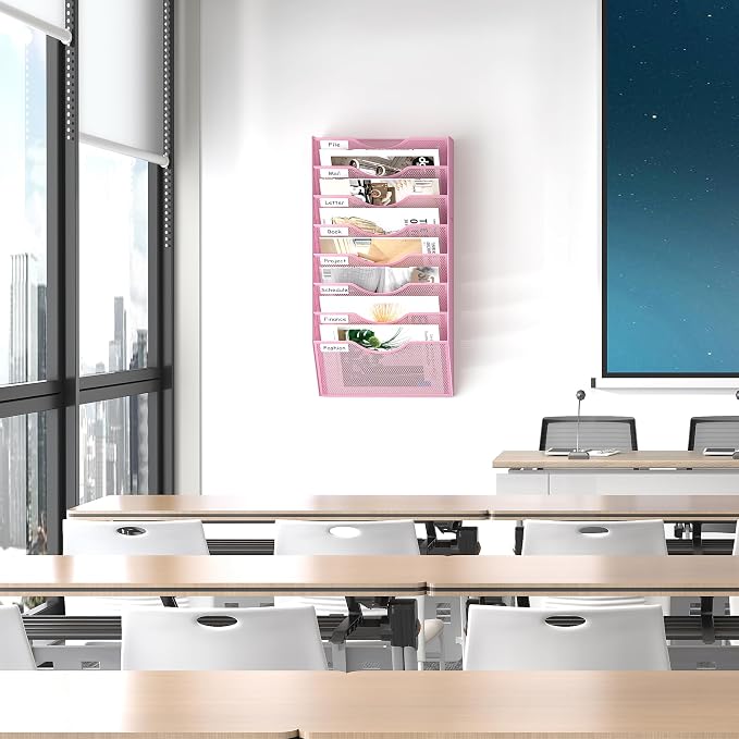 EasyPAG 8 Pocket Mesh Wall File Organizer, Hanging Paper Folder Holder with Classify Label, Vertical Wall Mount Mail Organizer for Office Home Classroom, Pink - Image 7