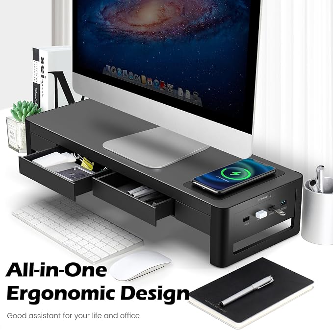 meatanty 3 In 1 Monitor Stand Riser with 2 Drawers,1 Wireless Charging Module and 4 USB Ports,Metal Computer Stand Support Transfer Data & Charging,Desk Organizer for PC,iMac (21 inches) - Image 7