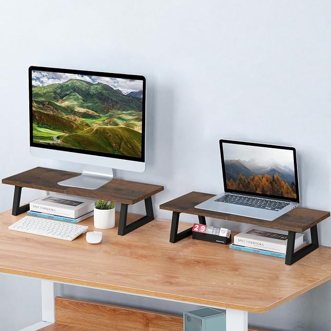 TEAMIX 24 inch Monitor Riser for Desk, Wood & Steel Computer/TV Stand Brown | Laptop, PC, Printer Stand Riser, Holds 150lbs, Desktop Organizer, Keyboard Storage, for Office, Home, Gaming, Craft Space - Image 2