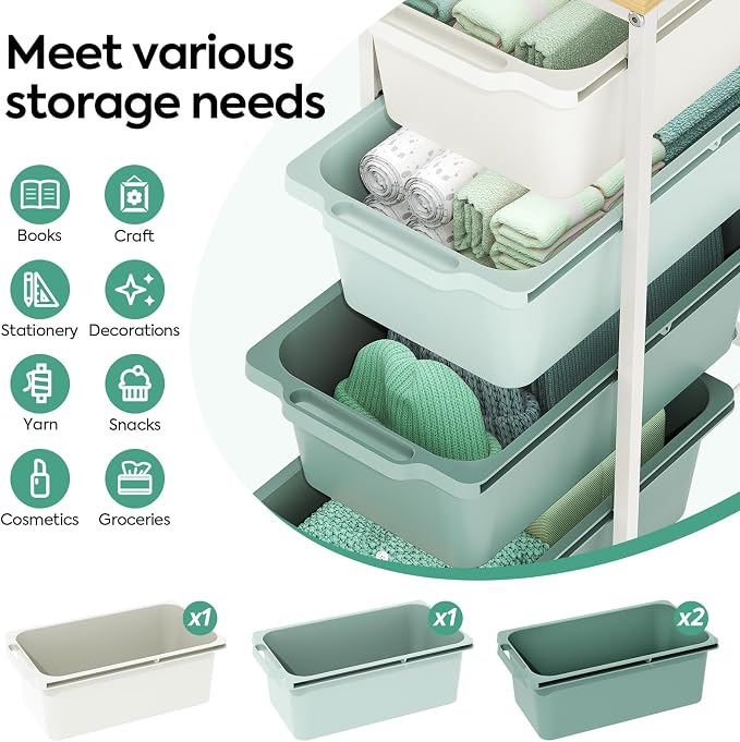 KINGBOARD Slim Rolling Cart with 4 Drawers, Metal Utility Storage Cart | Wooden Tabletop, Lockable Wheels, Table Side Trolley for Bedroom, Children's Room and Office Organization, Green - Image 3