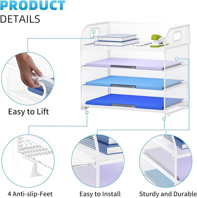 Marbrasse 4 Tier Paper Organizer Letter Tray, Mesh Desk File Organizer with Handle, Paper Sorter Organizer for Letter /A4 Office File Folder Holder（White, 12.6" x 9.1" x 10.7"） - Image 4