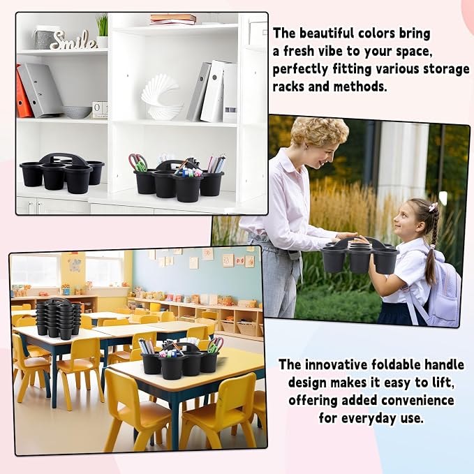 6 Pack Classroom Caddy with Handle Plastic Storage Caddy Organizer with 6 Compartments Drink Cup Caddies Holder Portable Storage Bin for Pencil, Crayon, Marker, Home, Office, School Supplies(Black) - Image 6