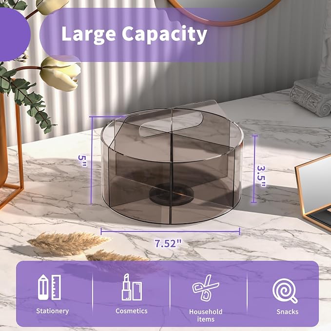 Mefirt Acrylic Pen Organizer, 360 Degree Rotating Desk Organizer with 6 Compartments Crayon Holder for Office, School, Home, Art Supply, Grey - Image 5
