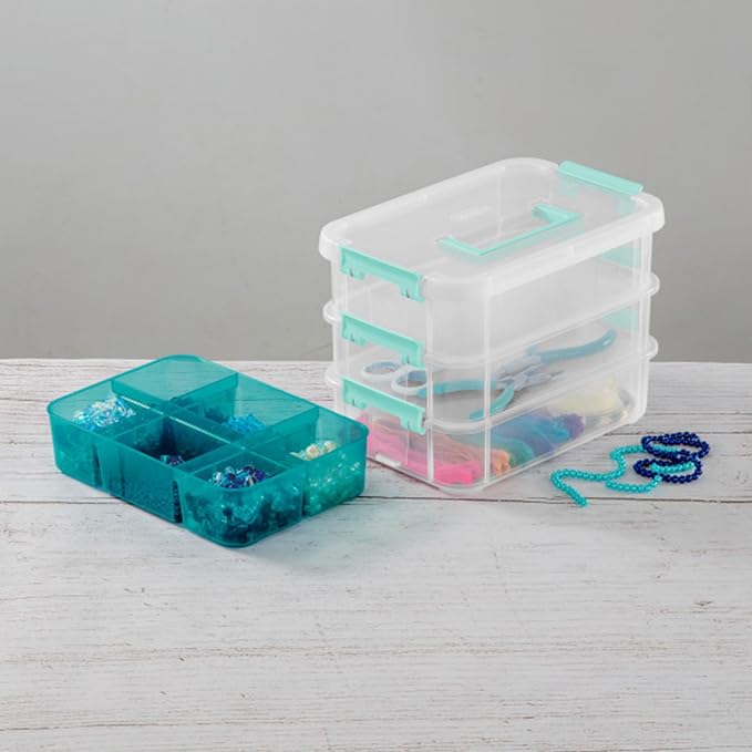 Sterilite 18 Pack Plastic Storage Box Container, 3 Layer, Stack and Carry, Clear/Blue - Image 8