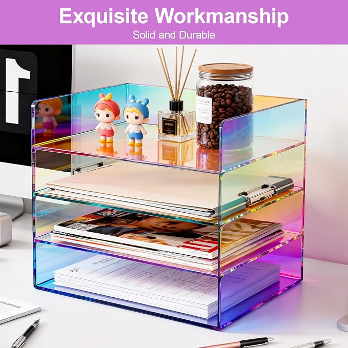Gelite Acrylic File Organizer for Desk 4 Tiered Stackable Letter Tray Office Paper Storage Desktop Document Sorter, Iridescent - Image 7