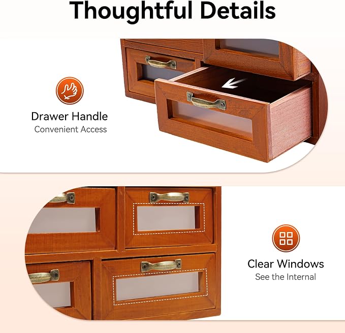 4-Pack Wooden Desktop Organizer, 16-Drawer Stackable Storage Cabinet –Brown | Clear Window Drawers | Metal Handles | Vintage | Fully Assembled | For Office, Vanity, Kitchen, Dresser, Craft Room - Image 8