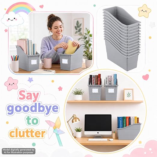 12 Pack Large Book Bins, Durable Magazine Organizer File Holder Quality Plastic Book Storage Bins with Labels for Classroom Library, Office, Desktop Organization, Bookshelf Categorization (Grey) - Image 5