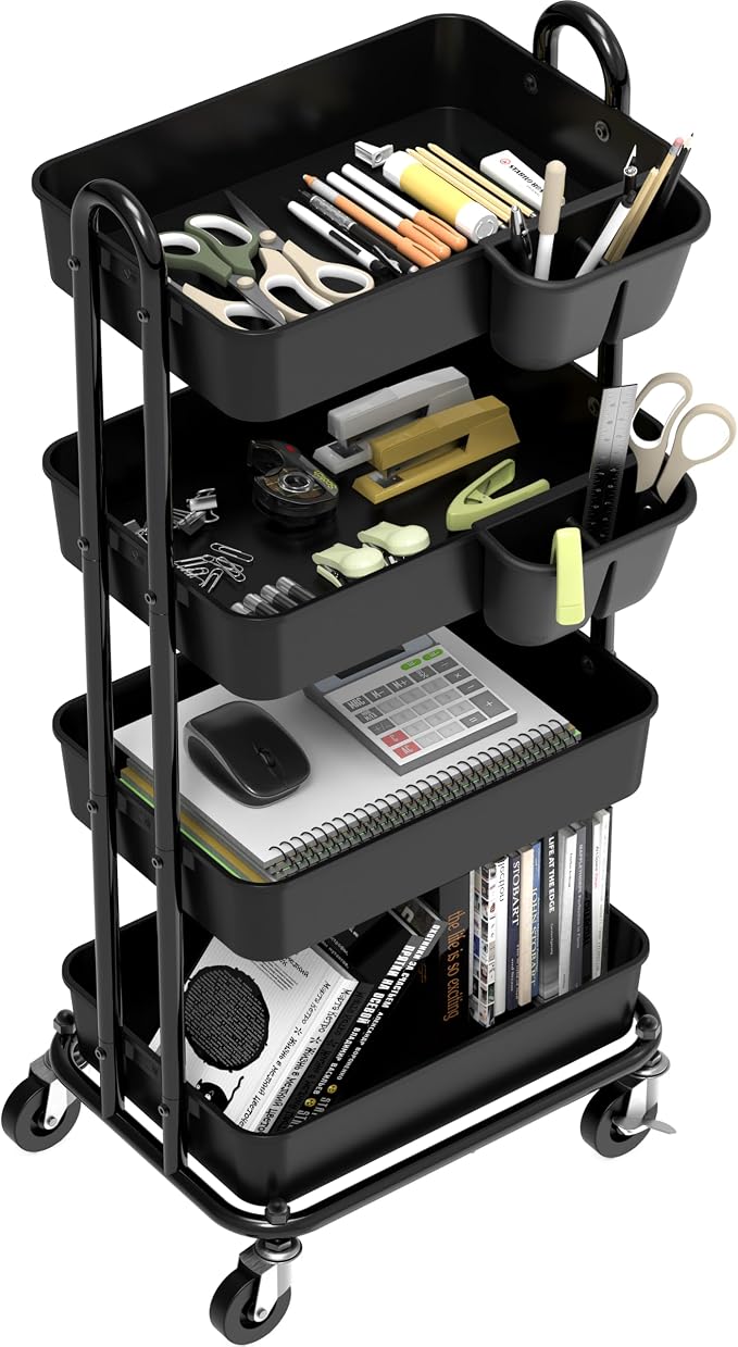 Simple Houseware 4-Tier Rolling Utility Cart with Hanging Bucket, Black | Storage for Bathroom, Kitchen, Office, Study Room, Nursery Diaper - Image 2