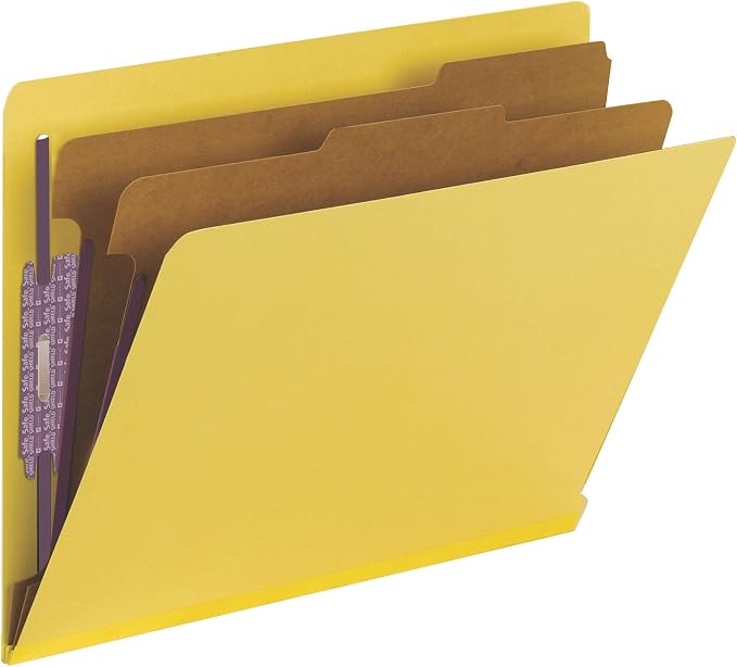 Smead 100% Recycled End Tab Pressboard Classification File Folder with SafeSHIELD Fasteners, 2 Dividers, 2" Expansion, Letter Size, Yellow, 10 per Box (26789) - Image 4