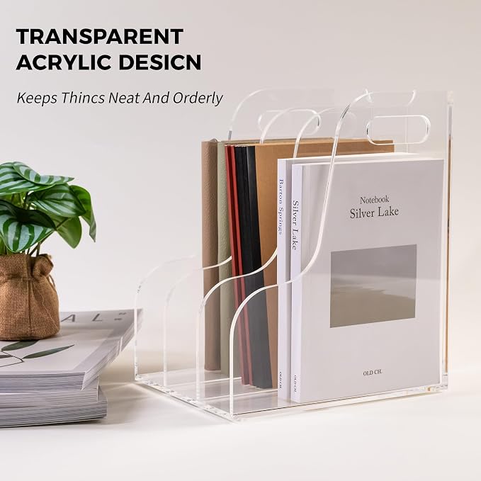 3 Vertical Compartments File Holder, Clear Acrylic Desk Organizer and Storage Bins Holding for Magazines, Binders, Notebooks, Envelopes, Multi-purpose Document Organizer for Home Office - Image 4
