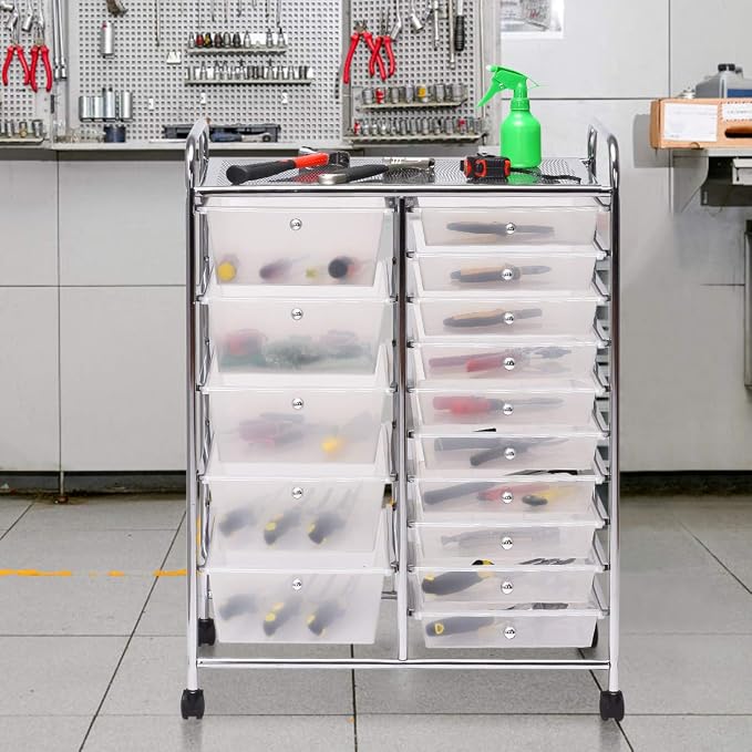 Giantex 15 Drawer Rolling Storage Cart Tools Scrapbook Paper Office School Organizer, Clear - Image 4