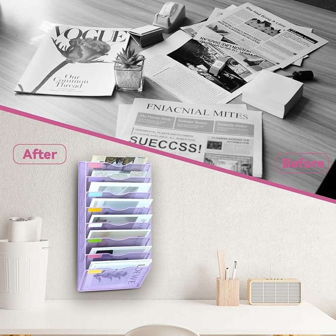 8 Pockets Mesh Wall File Holder Organizer Office Hanging File Folder Magazine Rack, Nametag Label Hooks Set Included (Purple) - Image 6