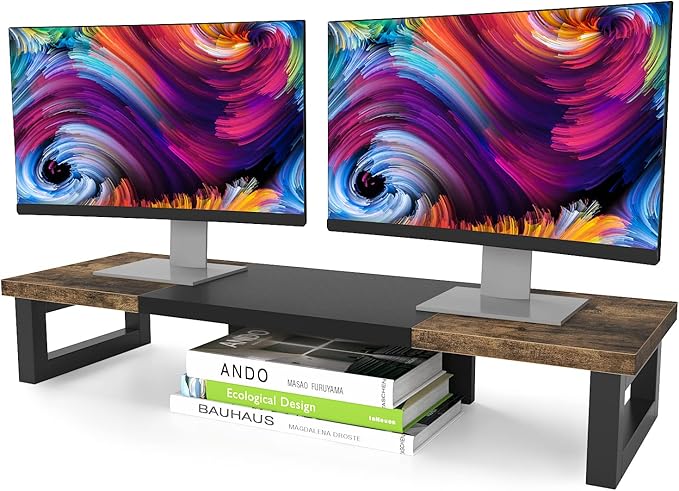 WESTREE Dual Monitor Stand Riser, Wood and Steel Multi-Purpose Desktop Storage Stand for 2 Monitors for Computer, Laptop, Printer, TV, Rustic Brown by WESTREE