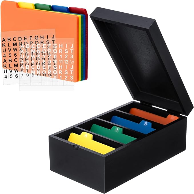 3 x 5 Inch Index Card Holder Set, Bamboo Organizer Box with 50 Dividers & 2 Sheets Alphabet Number Stickers File Note Holders, Holds 1200 Cards for Office Business Home Kitchen, Black by Henoyso