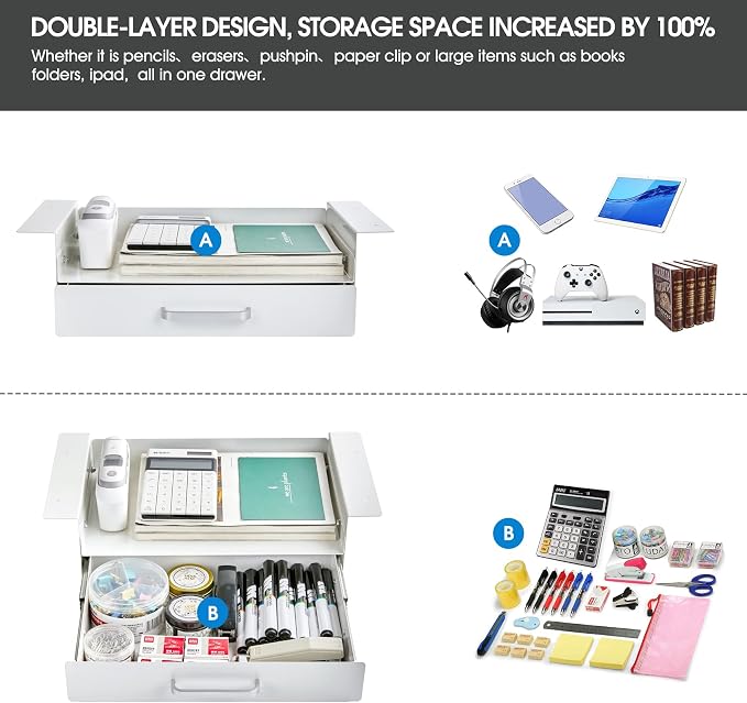 GOME White Under Desk Drawer Storage with Laptop/Book/Folders Shelf, Double Layer Easy Slide-Out Undermount Drawer Organizer with Ball Sliding Track for Home Office Sit-Stand Workstation - Image 3