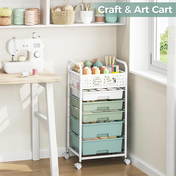 5 Drawer Rolling Storage Cart with Pegboard Top and Hooks, Gradient Green | Mobile Organizer Cart with Wheels for Office Supplies, Craft Storage, Classroom Organization, Home Utility Cart - Image 7