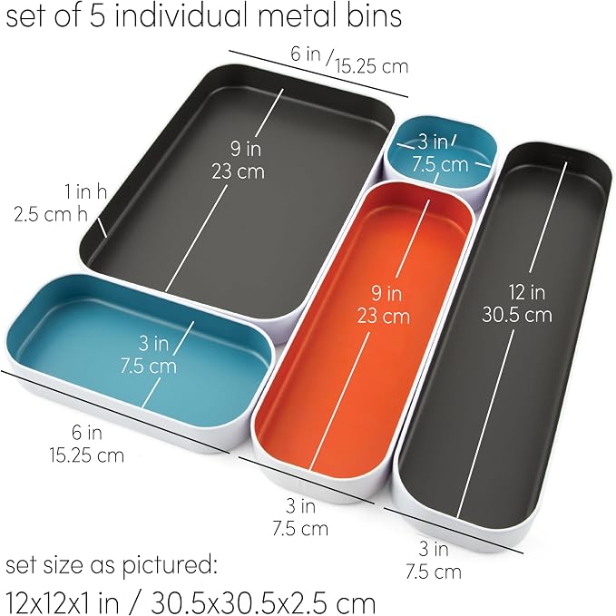 Three by Three Seattle Metal Drawer Organizer Tray Set, 5-Pc, 1" (Gray Mix) | Colorful 1" metal bins; food-safe; soft non-scratch base; kitchen, bathroom, vanity, desk & office drawers - Image 7