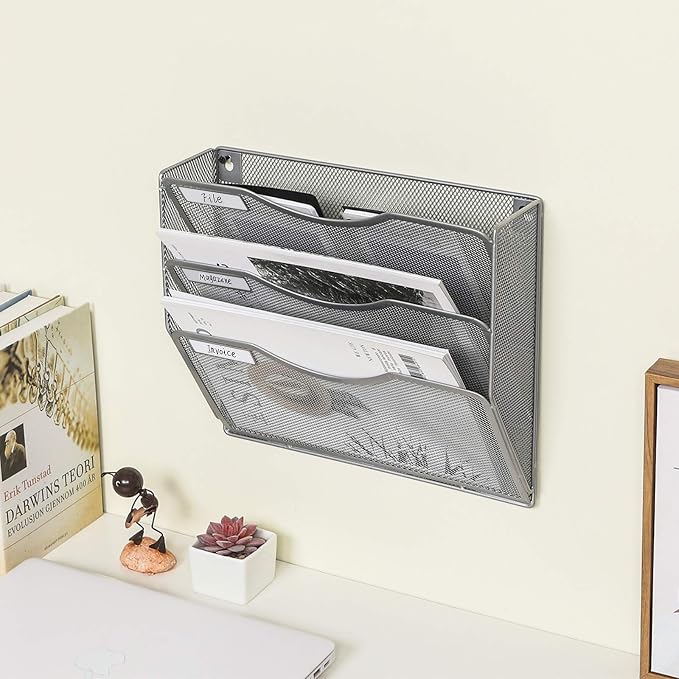 EasyPAG 3 Pocket Mesh Wall File Organizer, Hanging Paper Folder Holder with Classify Label, Vertical Wall Mount Mail Organizer for Office Home Classroom, Silver - Image 6