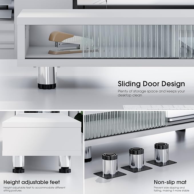 Fenge Dual Monitor Stand with Storage, Desk Shelf with Glass Sliding Door | Ergonomic Height Adjustment, 42.5in Monitor Shelf, 2-Tier Monitor Riser, Desk Organizer for Screen, PC, Laptop, White - Image 4