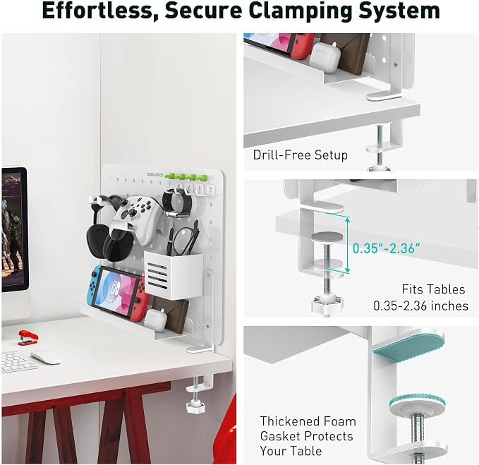 Clamp-on Desk Pegboard – Steel No Drill Desktop Organizer Panel with Gaming Controller Holder, Headphone Hook, and Storage Shelf – Vertical Mount for Office and Home Setup(White - Image 6