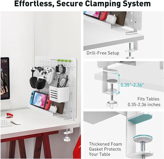 Clamp on Desk Pegboard 16.5"x12.6", White Heavy Duty Steel Desktop Organizer with 4 Magnet Pins, No-Drill Metal Peg Board Mount for Office & Gaming, Horizontal/Vertical - Image 4