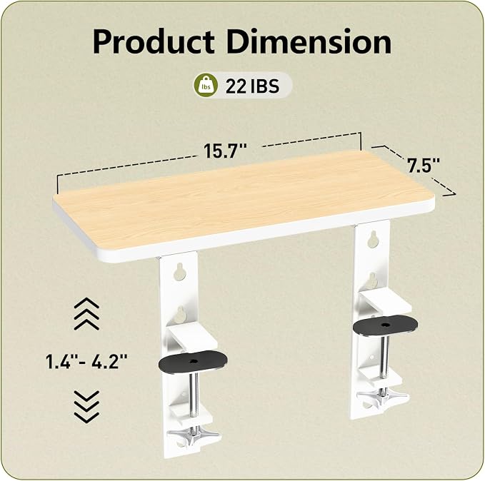 15.7"×7.5" Clamp-on Desk Extender, Monitor and Laptop Riser | Heavy-Duty Side/Top Desk Organizer Shelf, Adjustable Desktop Storage for Office Accessories, Light Wood - Image 2