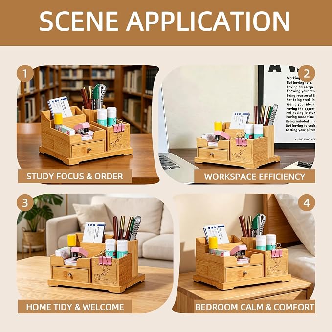 Bamboo Desk Organizer with Drawer & Pen Holder, Office Desk Caddy Storage | Natural Bamboo Wooden Desk Organizers and Accessories with Drawers Multi-Compartment Desktop Storage for Office Home Supplies - Image 4