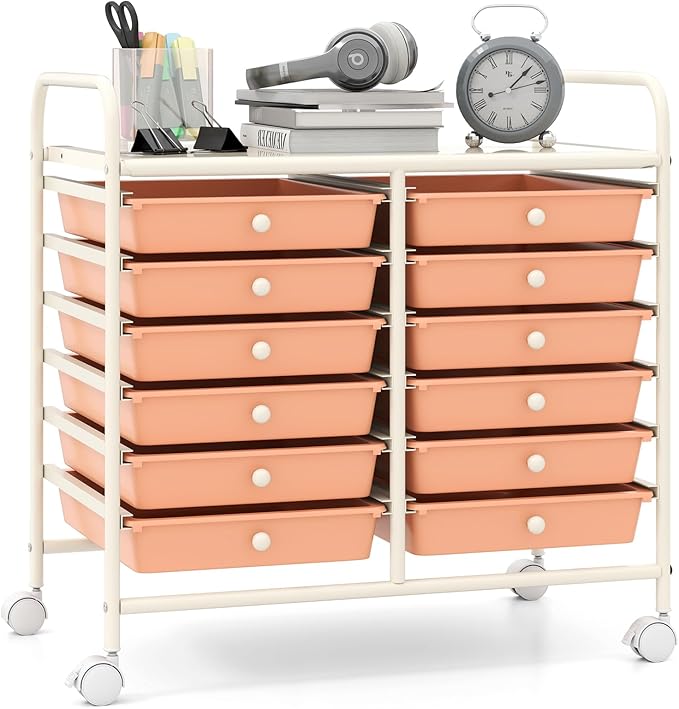 Giantex 12 Drawers Rolling Cart, Mobile Storage Drawer Cart, Classroom Organizer Cart for Office School Supplies Tools Scrapbook Paper Craft Small Printer, Utility Cart on Wheels, Peach Fuzz by Giantex