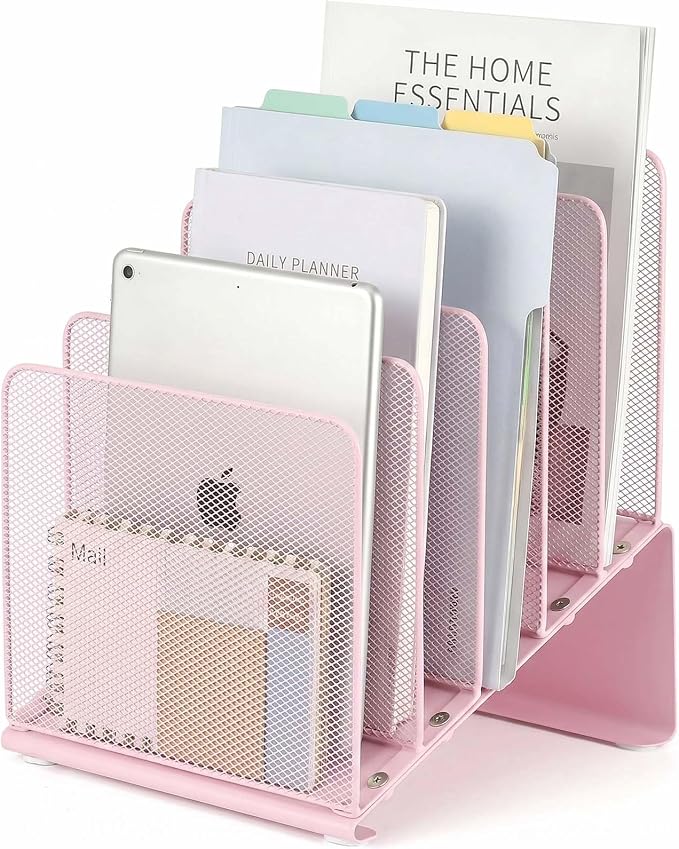 LEKETREE File Organizer for Desk, Desk Organizer with 5-Section Vertical File Rack, Folder Organizer,Workspace Organizers (Pink) by Stylishworkspaceeffortlessorganization