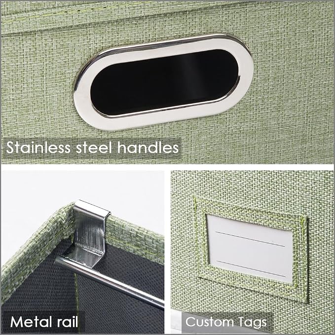 File Organizer Box - Set of 2 Collapsible Decorative Linen Filing Storage Hanging File Folders with Lids Office Cabinet Letter/Legal Size Green 17x14x11.2 inch - Image 5
