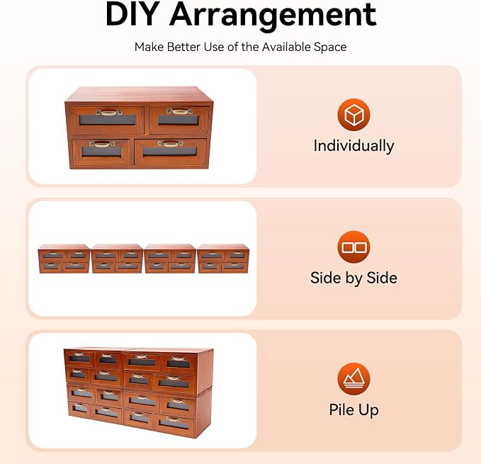 Vintage Drawers Storage Organizer with Clear Windows, Handles, Stackable Tiered Set of 4 Store and Display Wooden Desktop Organizing Cabinets - 16 Drawers Storage for Table Countertop Apothecary - Image 5