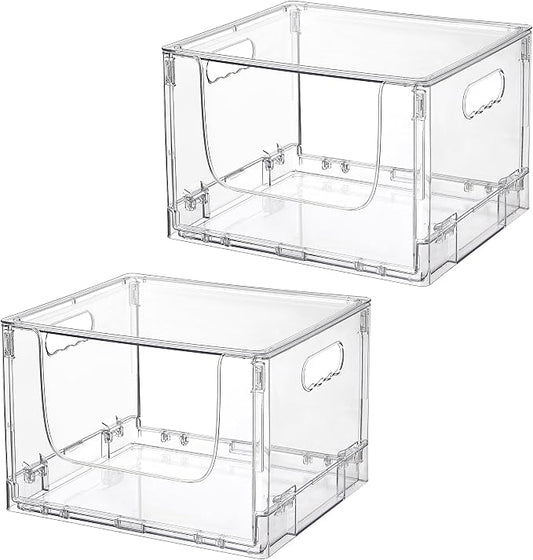 Vtopmart 2 Pack Large Foldable Open Front Storage Bins with Lids for Potato and Onion, Stackable Clear Plastic Container Organizer for Pantry, Kitchen, Cabinet, Bathroom, Closet Organization by Vtopmart
