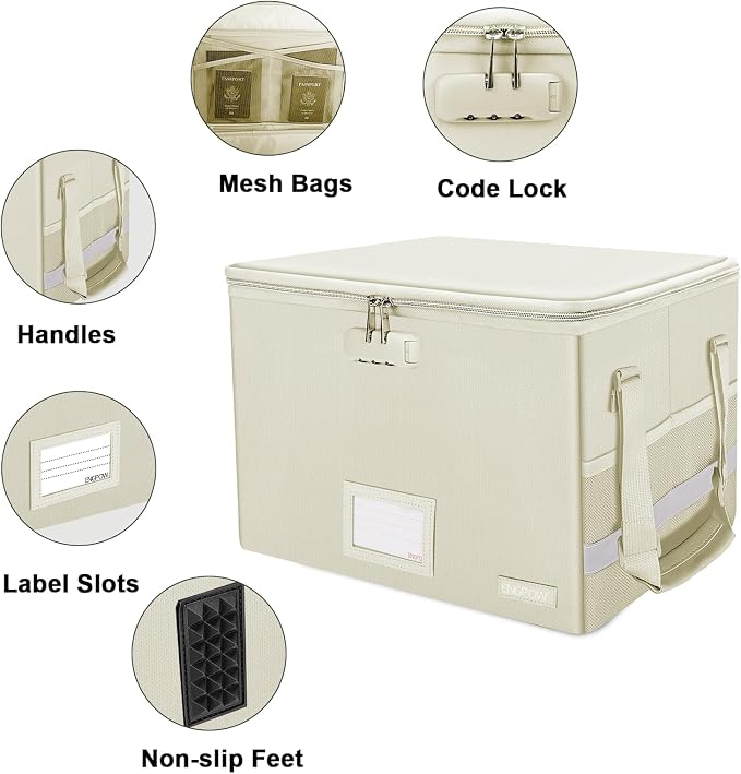 ENGPOW File Box with Lock, Fireproof Document Box with Zipper Lid, Collapsible File Storage Organizer Filing Cabinet with Handles, Portable Home Office Safe for Hanging Letter/Legal Folders, Beige - Image 3