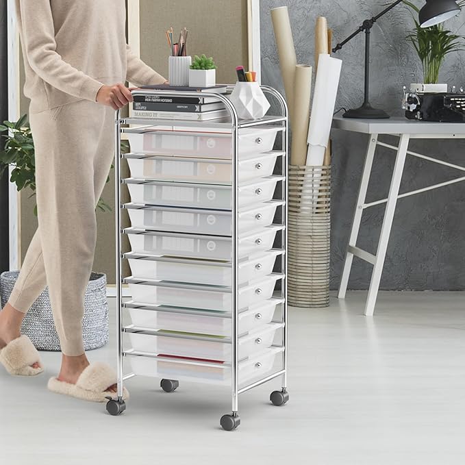 Storage Cart, Rolling Utility Cart with 10 Drawers, Portable Handles & Lockable Wheels, Mobile Paper Toys Storage Organizer Large Capacity for Home Office School Teacher (Clear) - Image 2