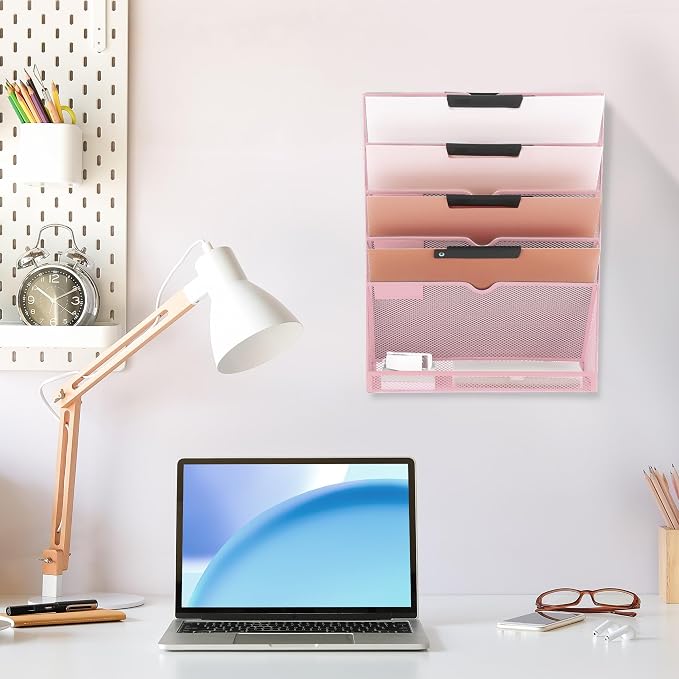 6 Tier Mesh Hanging Wall File Organizer, Desk Vertical Mail Paper Document Folder Holder Rack with Bottom Tray and Nametag Label for Office Home School, Pink - Image 6