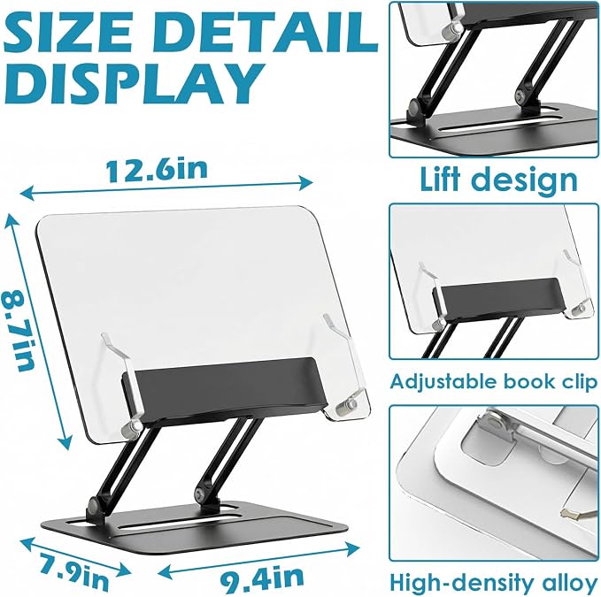 Acrylic Adjustable Book Stand, Reading Stand with Lift Design, High-Density Alloy Desktop Document Holder for Document Recipe, Cookbook, Music Book (Black) - Image 2