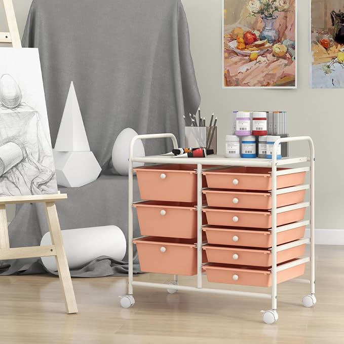 Giantex 9 Drawers Rolling Cart, Classroom Organizers, Storage Cart with Wheels, for Teacher Office Home School Supplies Tool Craft Art Paper, Peach Fuzz - Image 4