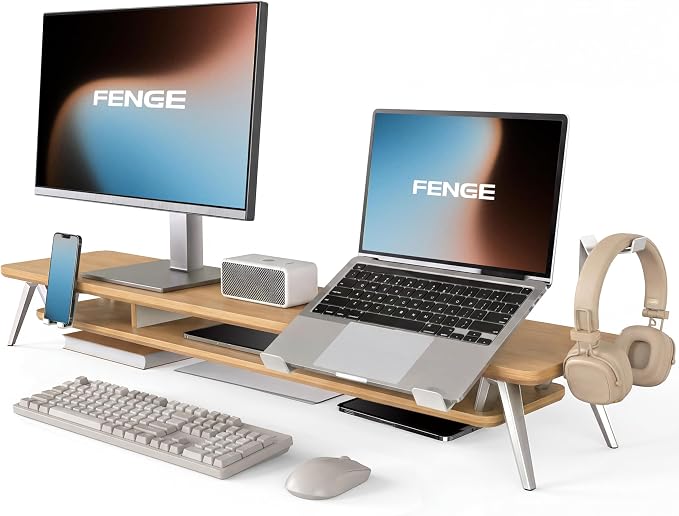 Fenge 42.5-Inch Monitor Stand Riser with Laptop, Phone & Headphone Holders | 10° Adjustable Laptop Holder, 2-Tier Storage, Dual Monitor or Monitor-Laptop Setup, Ideal for Multitasking, Gaming, Streaming by Fenge