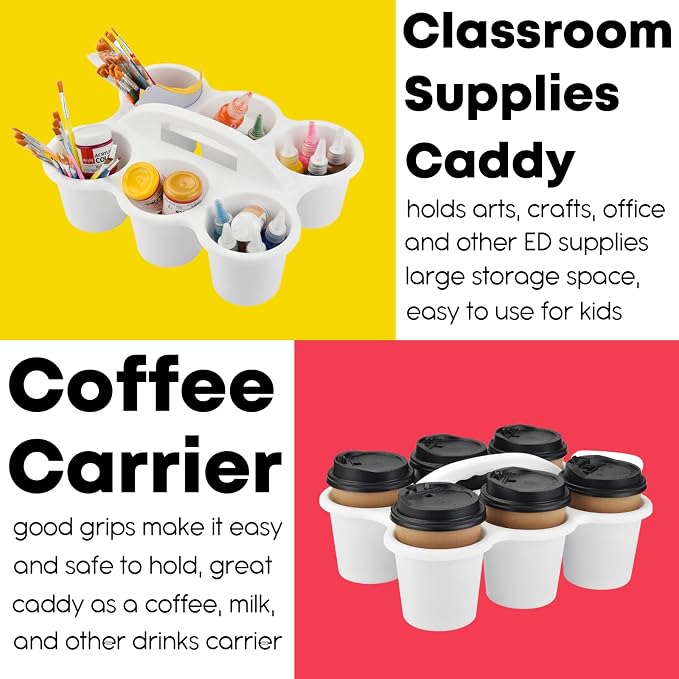ALINK 6 Pack Classroom Caddy Storage Basket with Handle, Plastic Drink Cup Caddy Holder, 6 Compartments for Kids, Table, Office, Arts, Crafts, Crayon, Marker, Pencil, School Supplies - White - Image 4