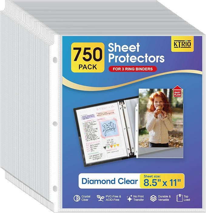 KTRIO Sheet Protectors 8.5 x 11, Page Protector for 3 Ring Binder, 750 Pack | Crystal Clear, Top Loading, PVC-Free & Acid-Free Polypropylene, No Print Transfer, Protects Letter Size Documents by KTRIO