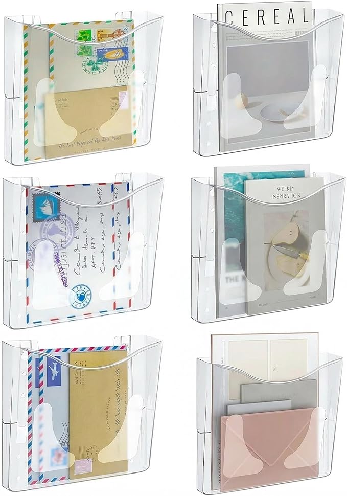 6-Pocket Clear Wall Mount File Organizer for Office, Vertical Hanging Document Paper Folder Holder for Home, Letter Size Mail Sorter, Transparent Magazine Literature Rack with Mounting Hardware by PAG