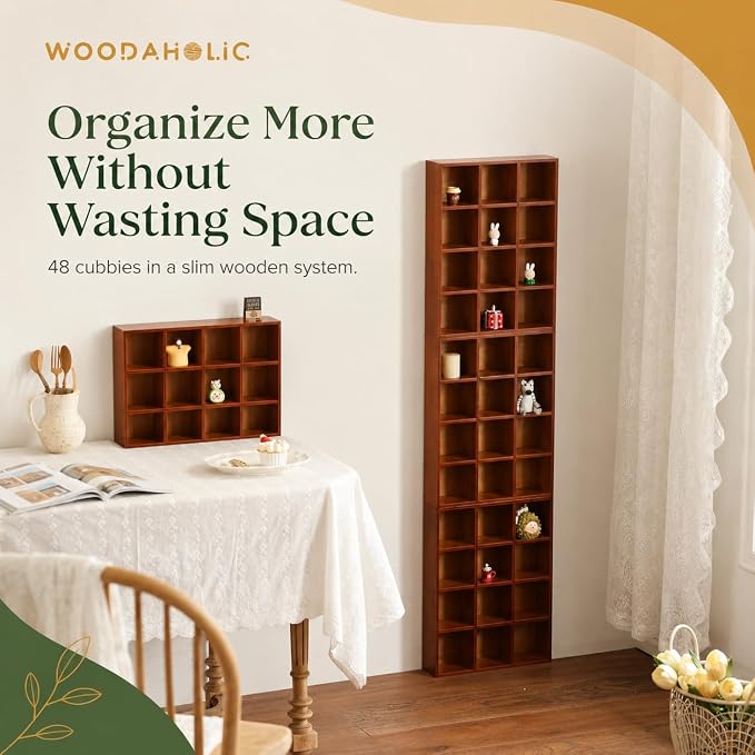 48-Compartment Wood Trinket Shelf, 4-Pack Stackable Cubby Curio Cabinet, Wall Mounted or Freestanding Display Shelf for Figurines, Miniatures, Shot Glasses, Knick Knacks & Small Collectibles - Image 5