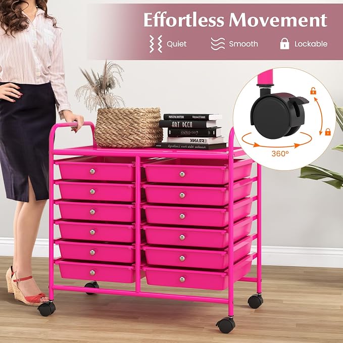 GOFLAME 12-Drawer Rolling Storage Cart, Multifunctional Art Craft Organizer Cart, Mobile Utility Storage Cart with Removable Drawers & Lockable Wheels, Craft Cart for Home Office School, Hot Pink - Image 7