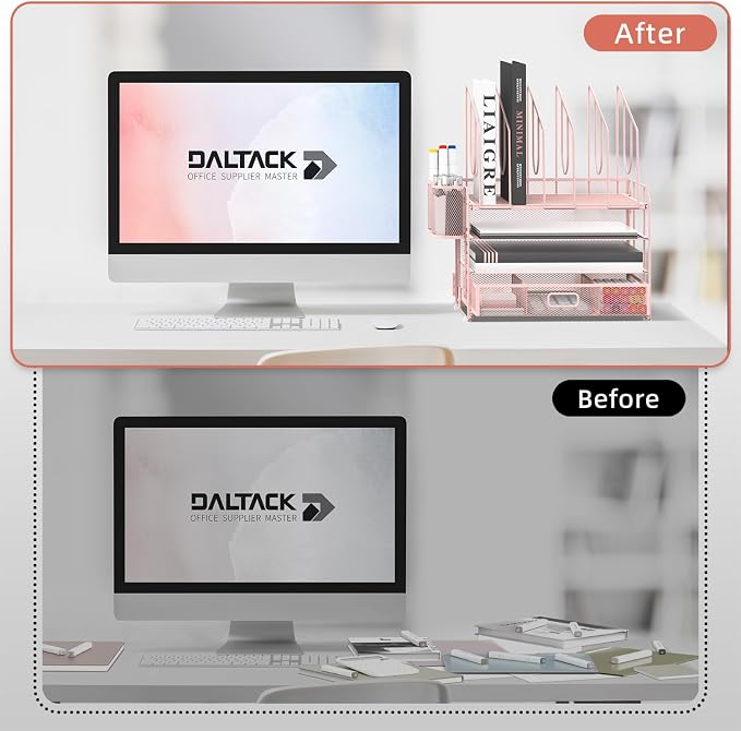 DALTACK 4-Tier Mesh Desk Organizer with Drawer, Desktop Organizer with 5 Vertical File Holders and 2 Pen Holders, File Organizer for Desk, Multifunction Office Desk Accessories, Pink - Image 6