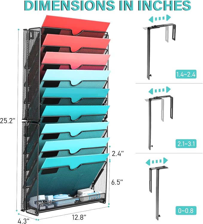 Wall File Organizer, 10 Pockets Mesh Hanging File Organizer | Wall Mount File Holder With Hooks, Wall Organizer Magazine Rack for Office Supplies, Black - Image 2
