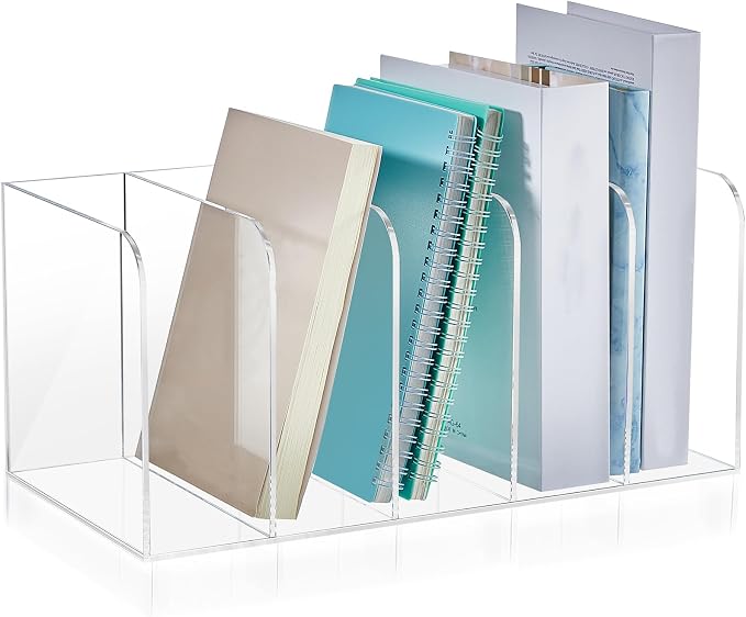 Suzile Clear Acrylic Magazine File Holder with Vertical Compartments Desk Organizer Book Rack for Desk Sorter Paper Folder Office Accessories(Classic,14.2 x 7.2 x 6.5 Inch) by Suzile