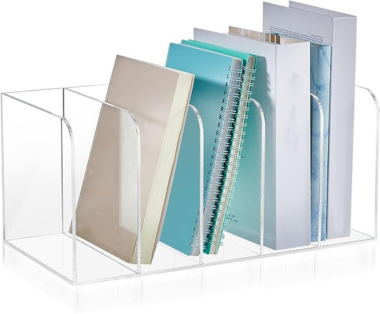 Suzile Clear Acrylic Magazine File Holder with Vertical Compartments Desk Organizer Book Rack for Desk Sorter Paper Folder Office Accessories(Classic,14.2 x 7.2 x 6.5 Inch) by Suzile